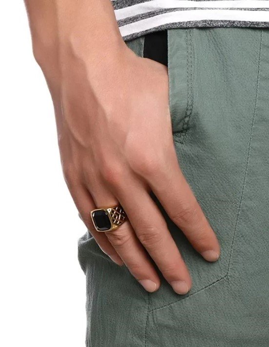 anillo acero inoxidable, cuadrado onix (agata negro)