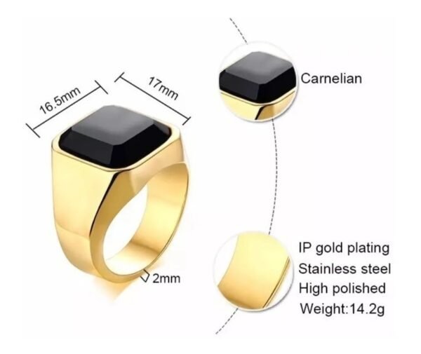anillo acero inoxidable, cuadrado crytal cornalina negra
